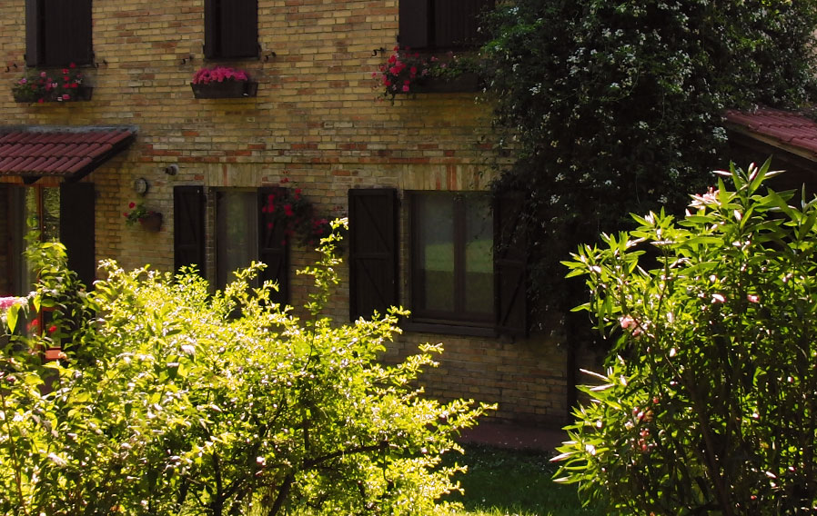 the house surrounded by the lush green, large garden